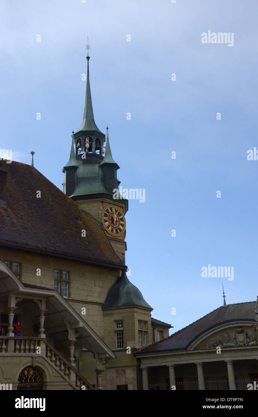 Swiss clock tower, Fribourg, Switzerland Stock Photo