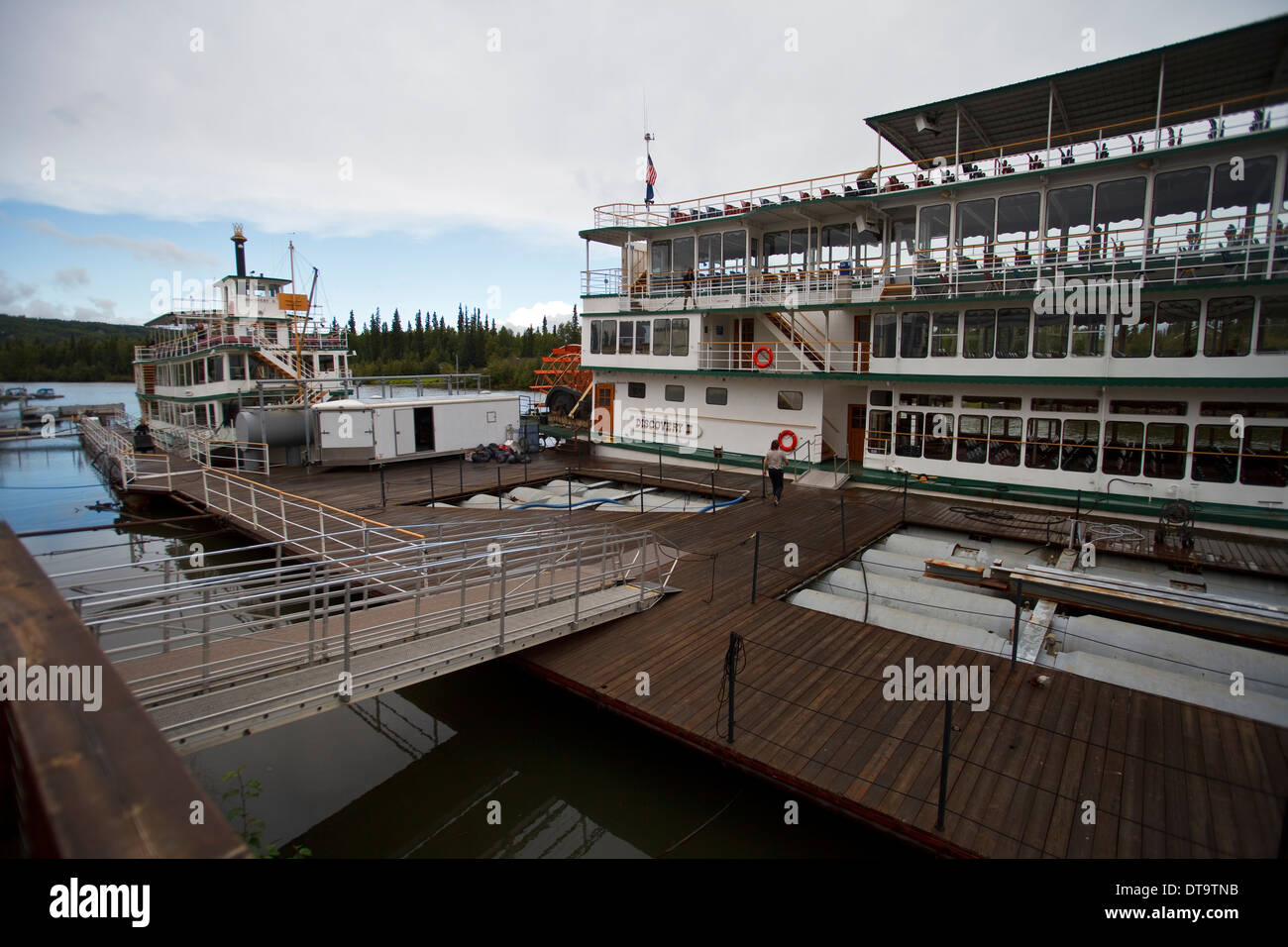 Paddle boats waiting at dock to provide a tour of the Cheena River in Fairbanks, Alaska. Stock Photo