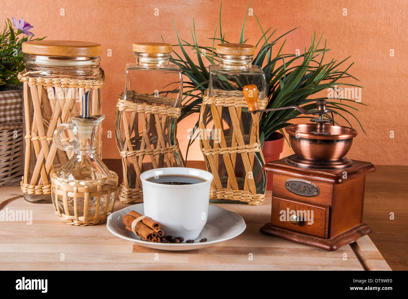 Coffee theme with wooden table and dark background Stock Photo - Alamy