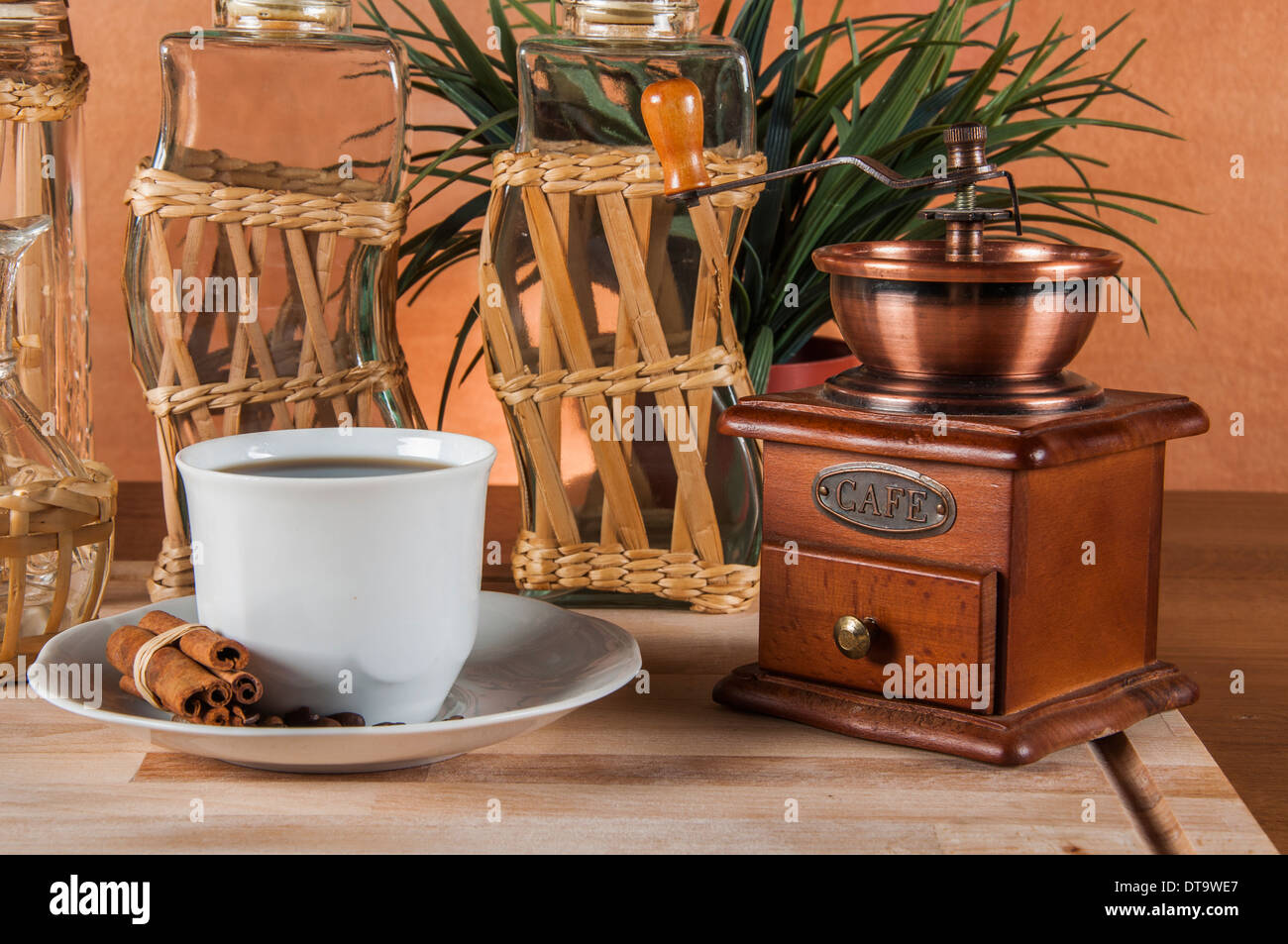 Coffee theme with wooden table and dark background Stock Photo - Alamy