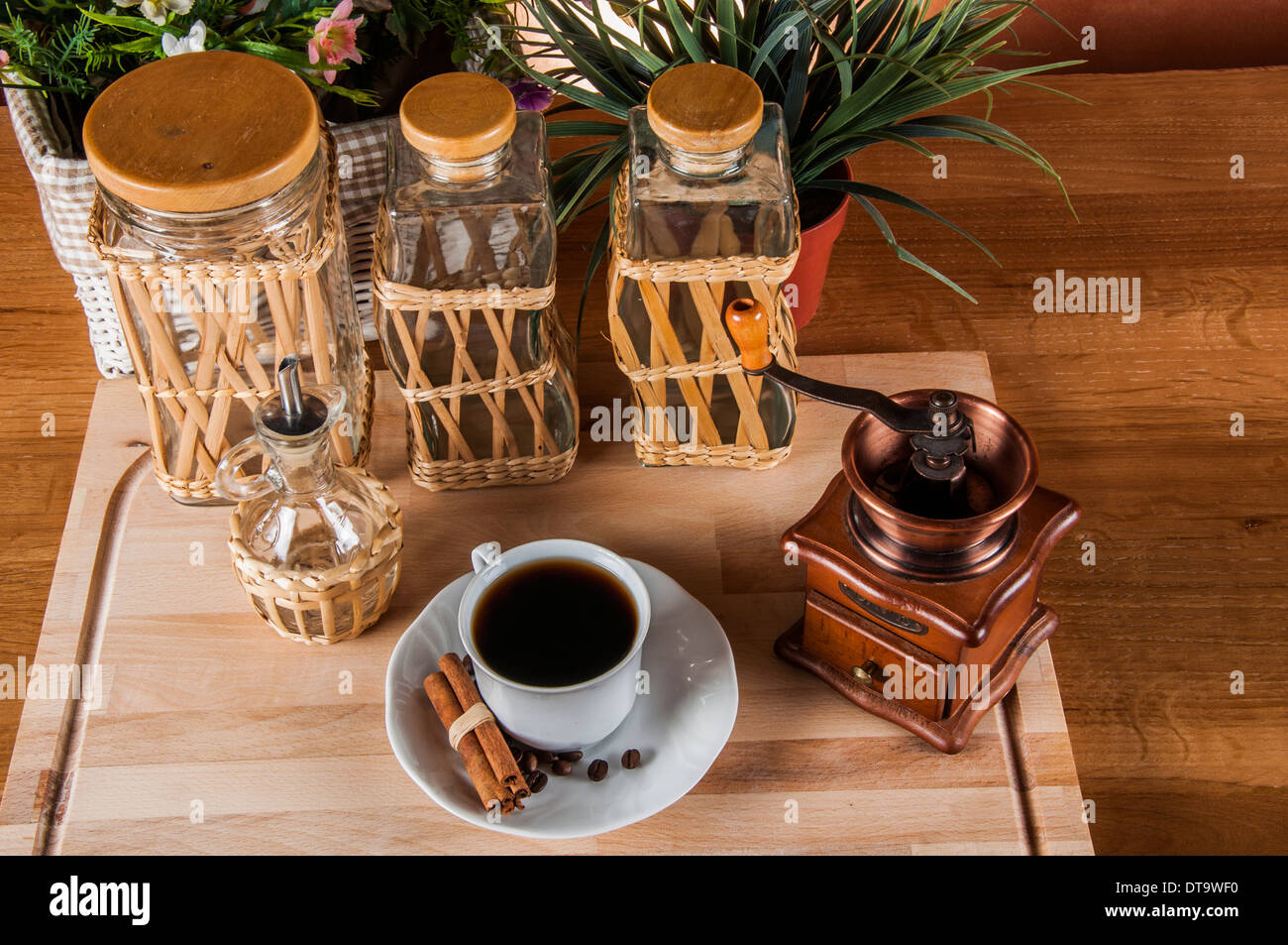 Coffee theme with wooden table and dark background Stock Photo - Alamy