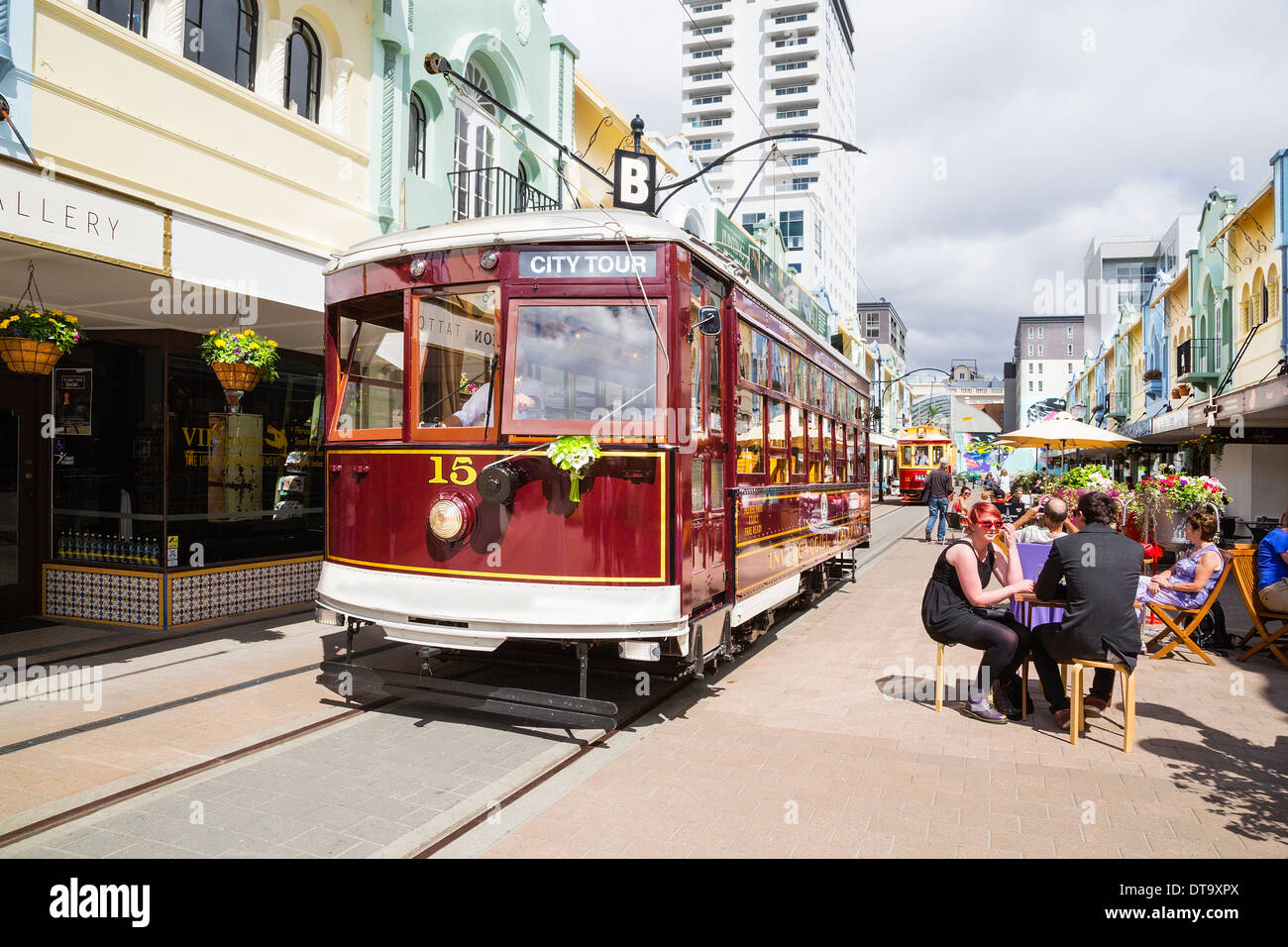 February 2014. Trams in New Regent Street, Christchurch City, Canterbury, New Zealand. Stock Photo