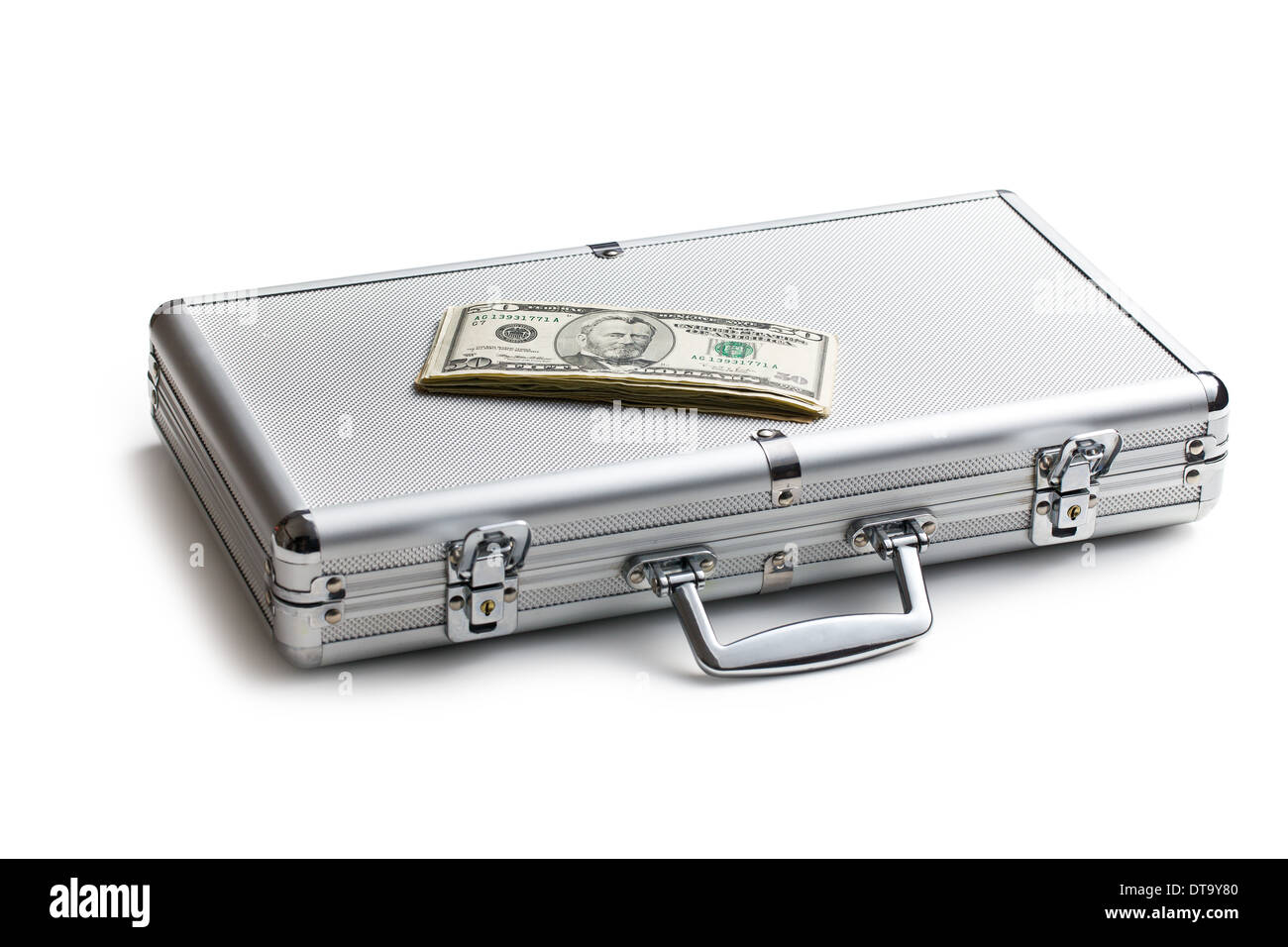 Silver case with dollars on white background Stock Photo Alamy