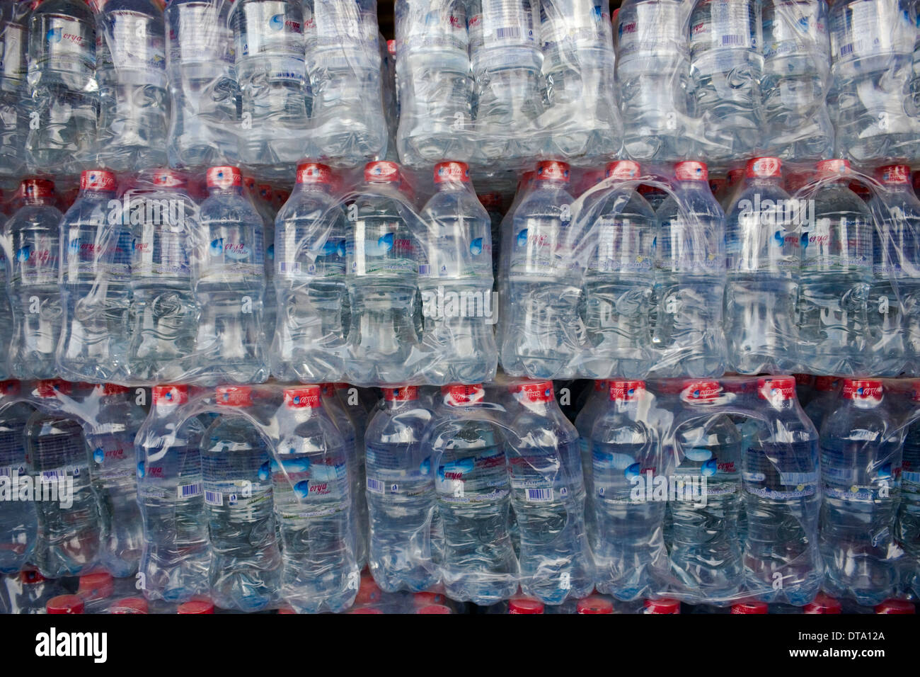 Bottled water is displayed and for sale to travelers at a ...