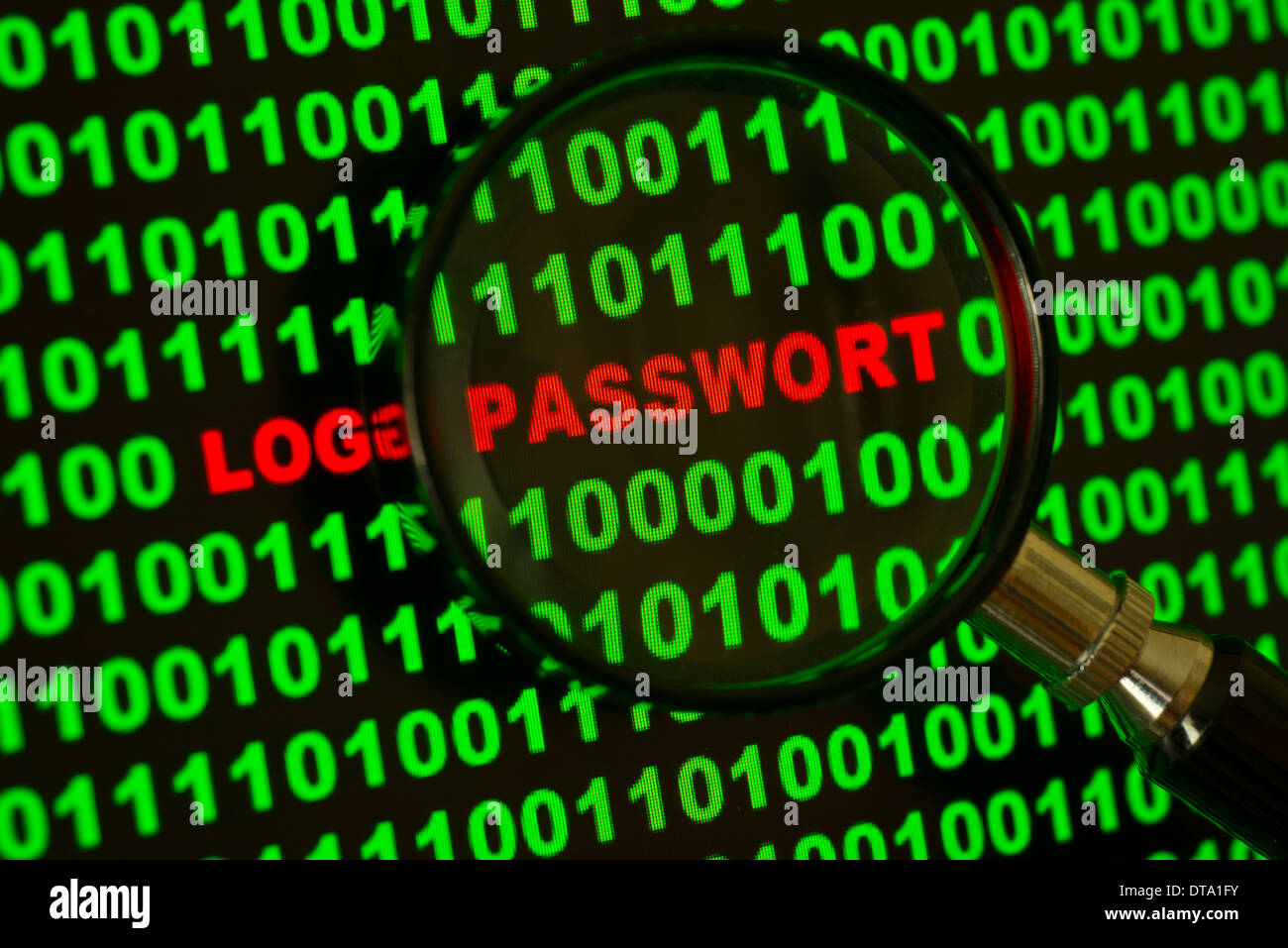 Binary code with the words 'Login Passwort' viewed through a magnifying glass Stock Photo