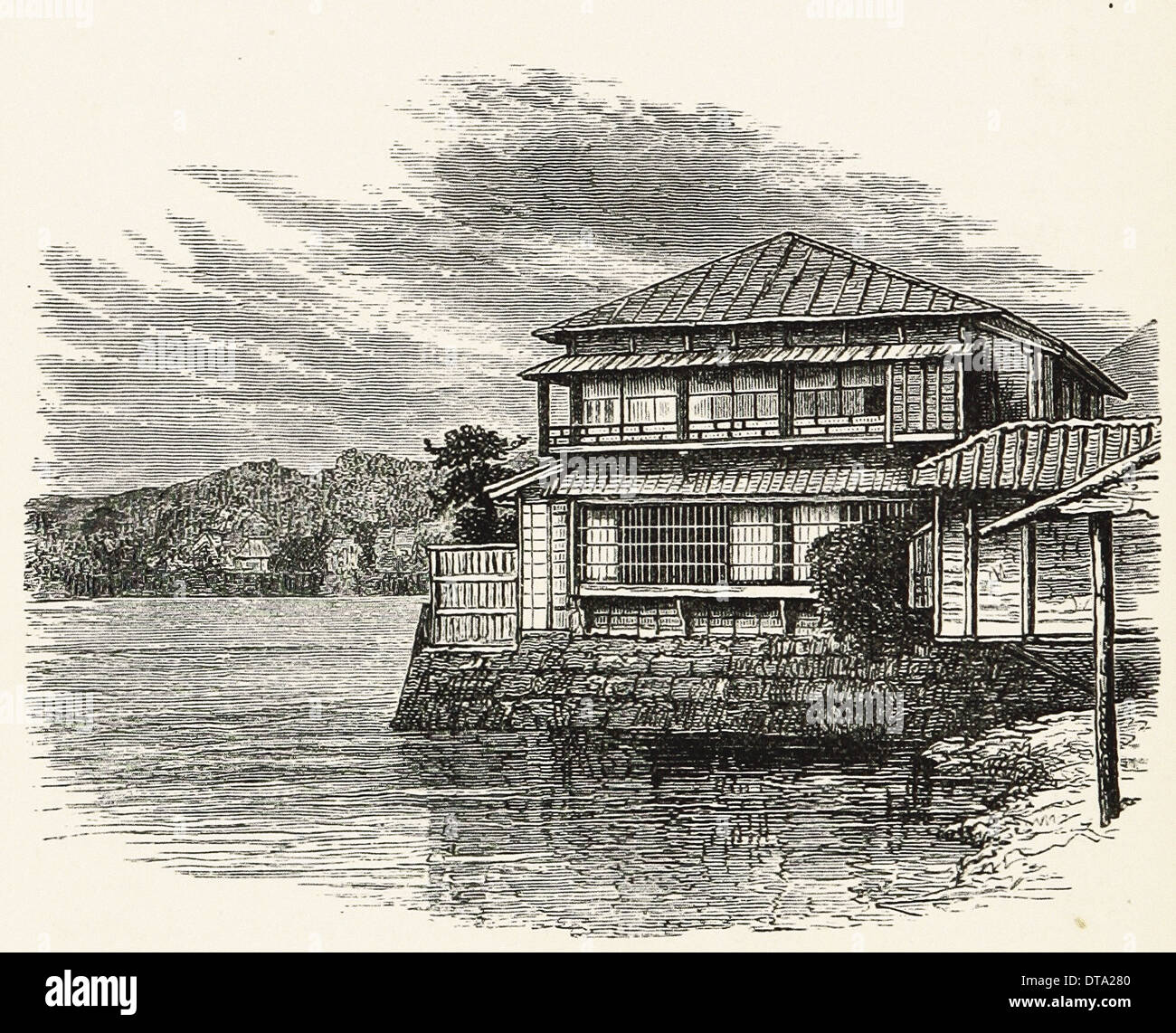 Japan : A Lake Biwa Tea-House- British engraving XIX th century Stock Photo