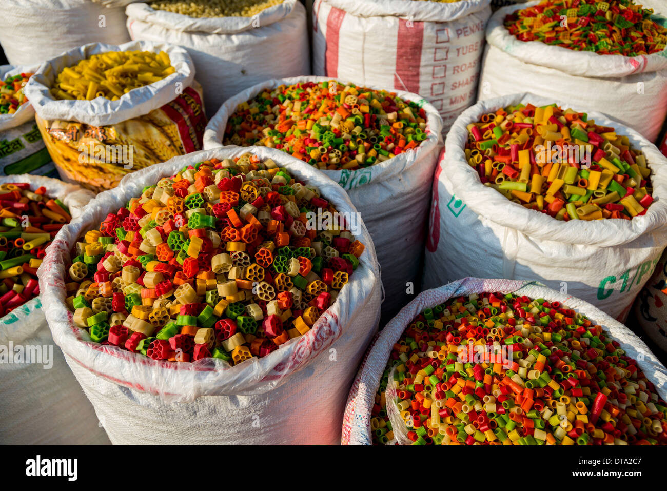 Various noodles for sale in bags at an open air market, Mumbai, Maharashtra, India Stock Photo
