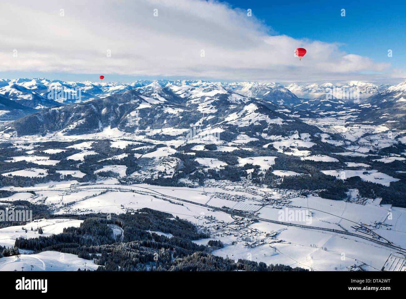 Hot air balloon flight over the Tyrolean Unterland, Kössen, Tyrol, Austria Stock Photo