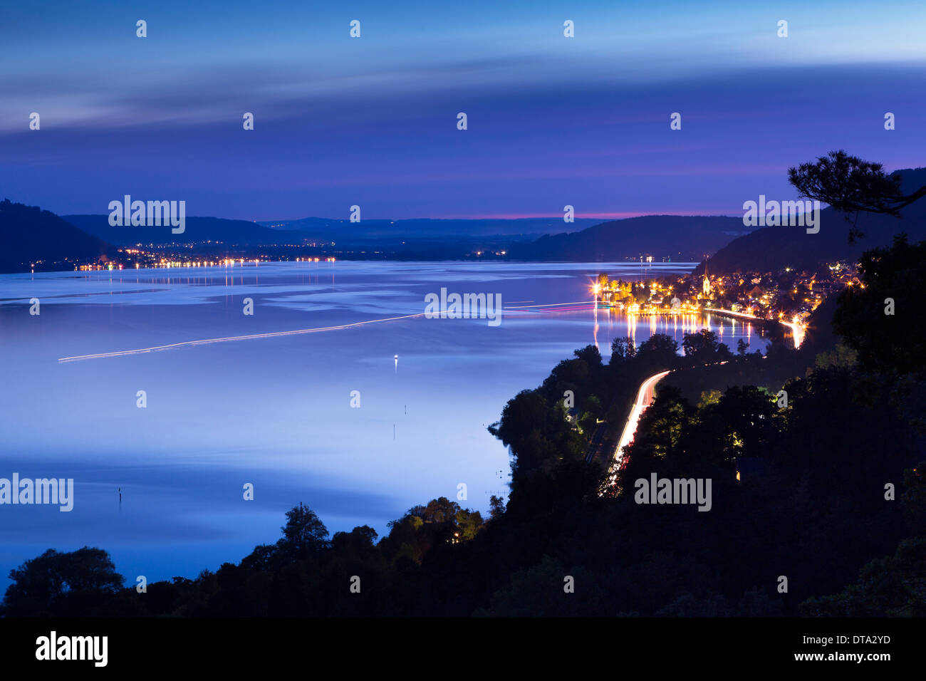 Lake Constance at the blue hour, with Sipplingen and Bodman, Baden-Württemberg, Germany Stock Photo