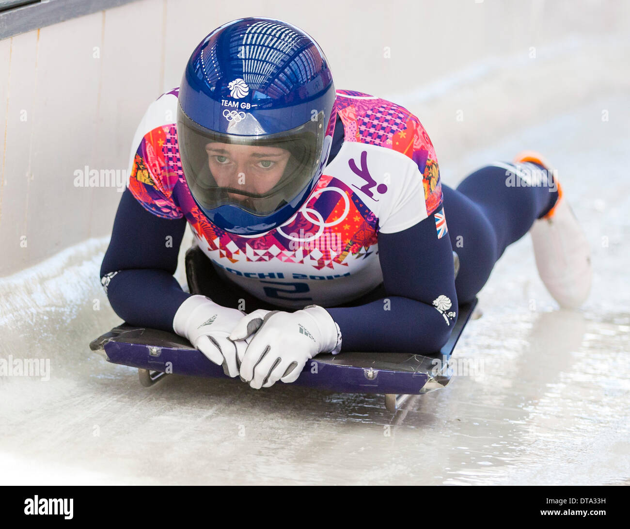 Sochi, Russia. 13th Feb, 2014. Lizzy YARNOLD (GBR) finishes her second run of the Women's Skeleton competition at the Sanki Sliding Centre, Mountain Cluster - XXII Olympic Winter Games Credit:  Action Plus Sports Images/Alamy Live News Stock Photo