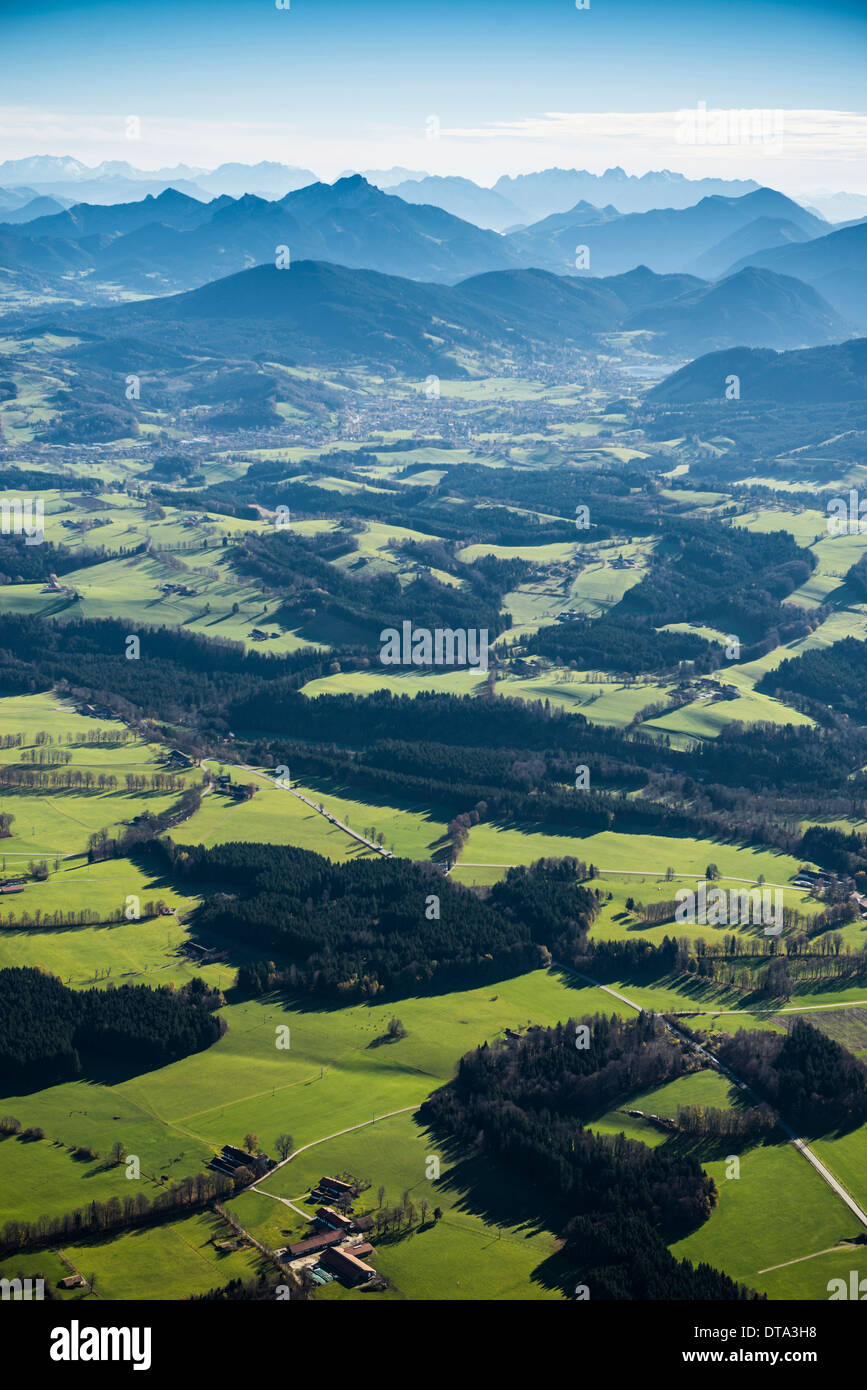 Aerial view, meadows, forests and Alps, near Tegernsee, Upper Bavaria, Bavaria, Germany Stock Photo