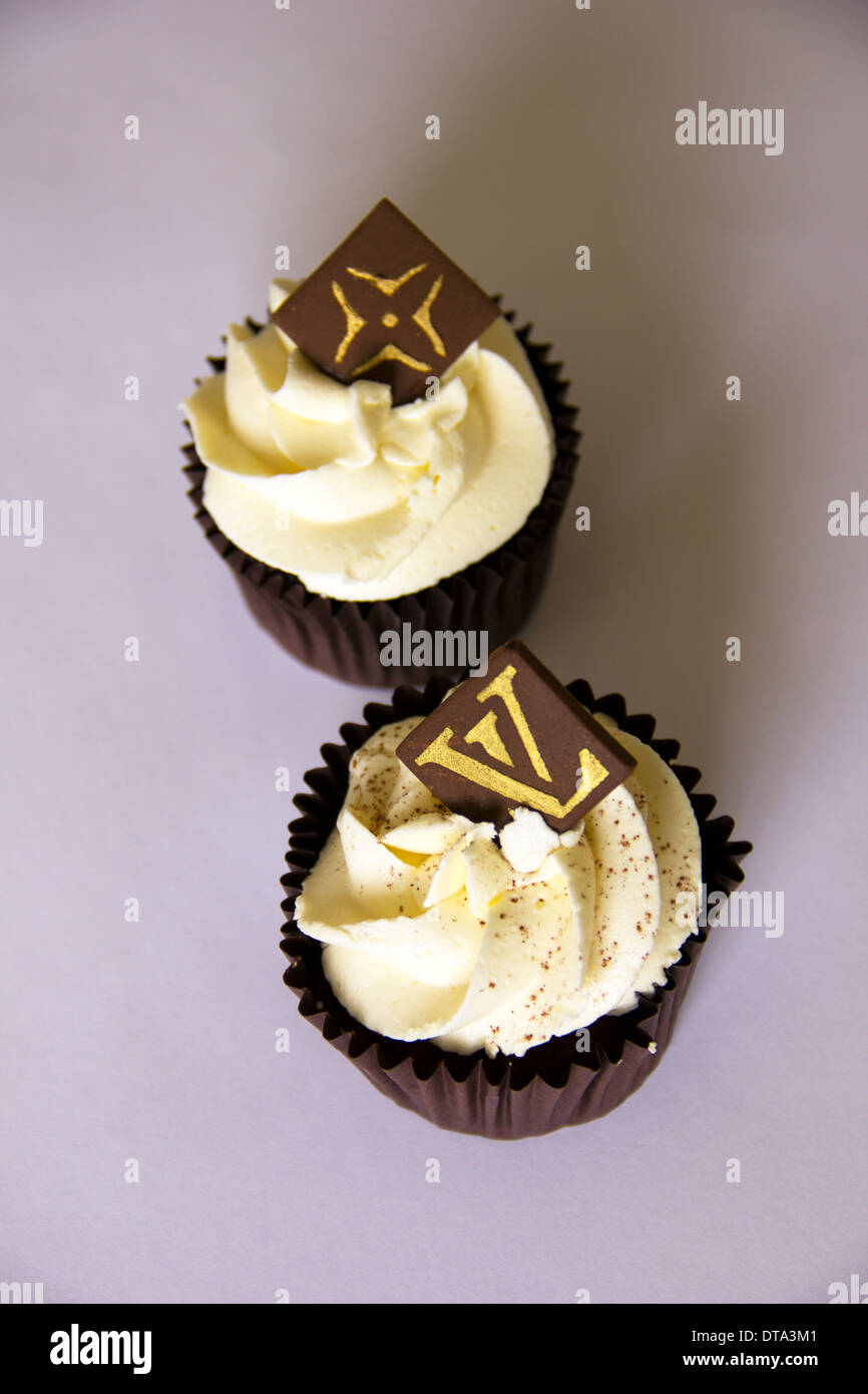 'Designer' Cupcakes with Louis Vuitton Logo on Choc Chip Stock Photo