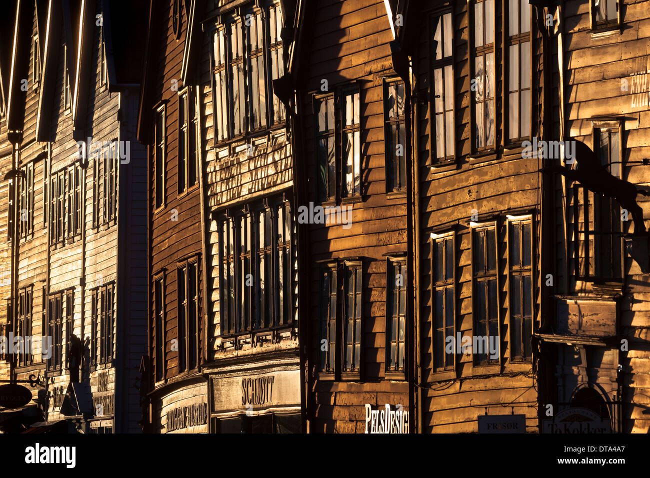 Row of houses, Tyske Bryggen in the evening light, Bergen, Hordaland