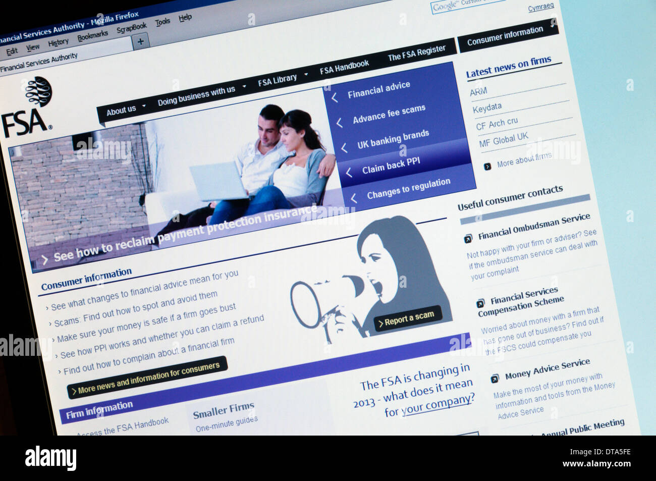 The home page of the FSA or Financial Services Authority, abolished in 2013. Stock Photo