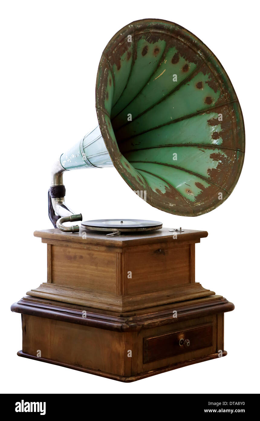 Old gramophone isolated on white background. Stock Photo