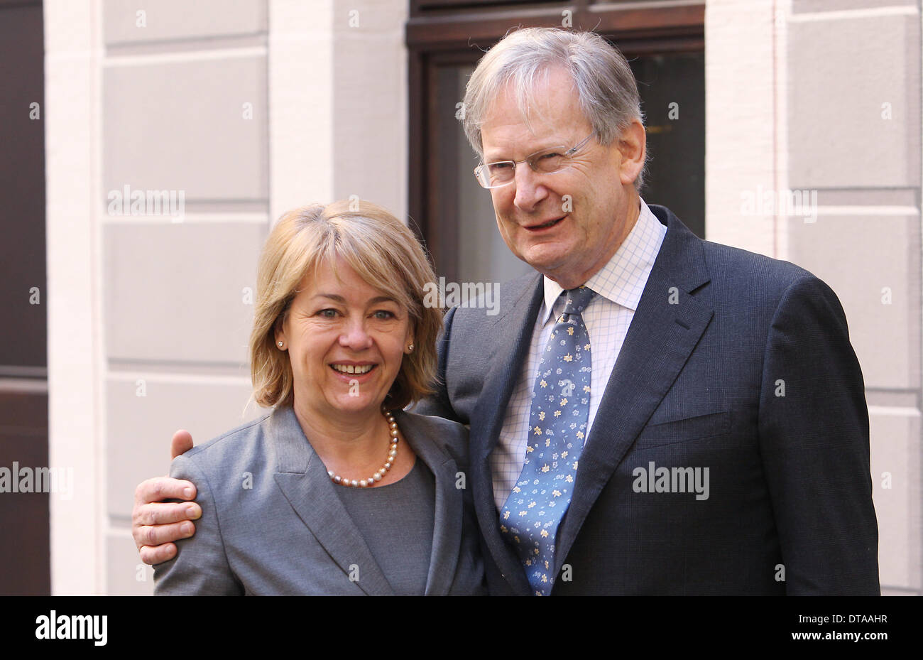 Leipzig, Germany. 13th Feb, 2014. British conductor Sir John Eliot Gardiner  and his wife Isabella pose during a press conference in the Bachmuseum in  Leipzig, Germany, 13 February 2014. The conductor, well