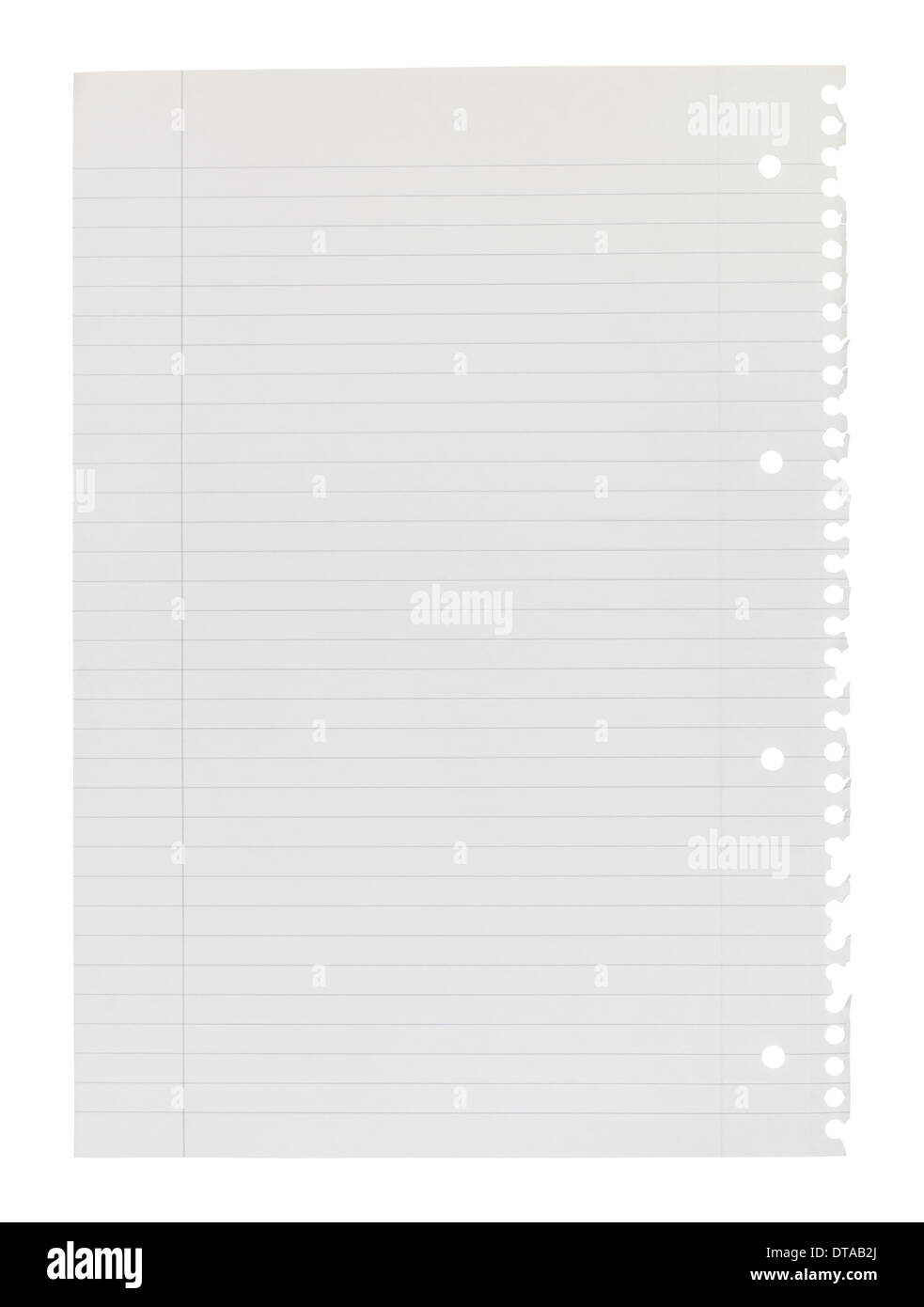 A4 page of notepaper torn from spiral bound lined notepad isolated against a white background. Stock Photo
