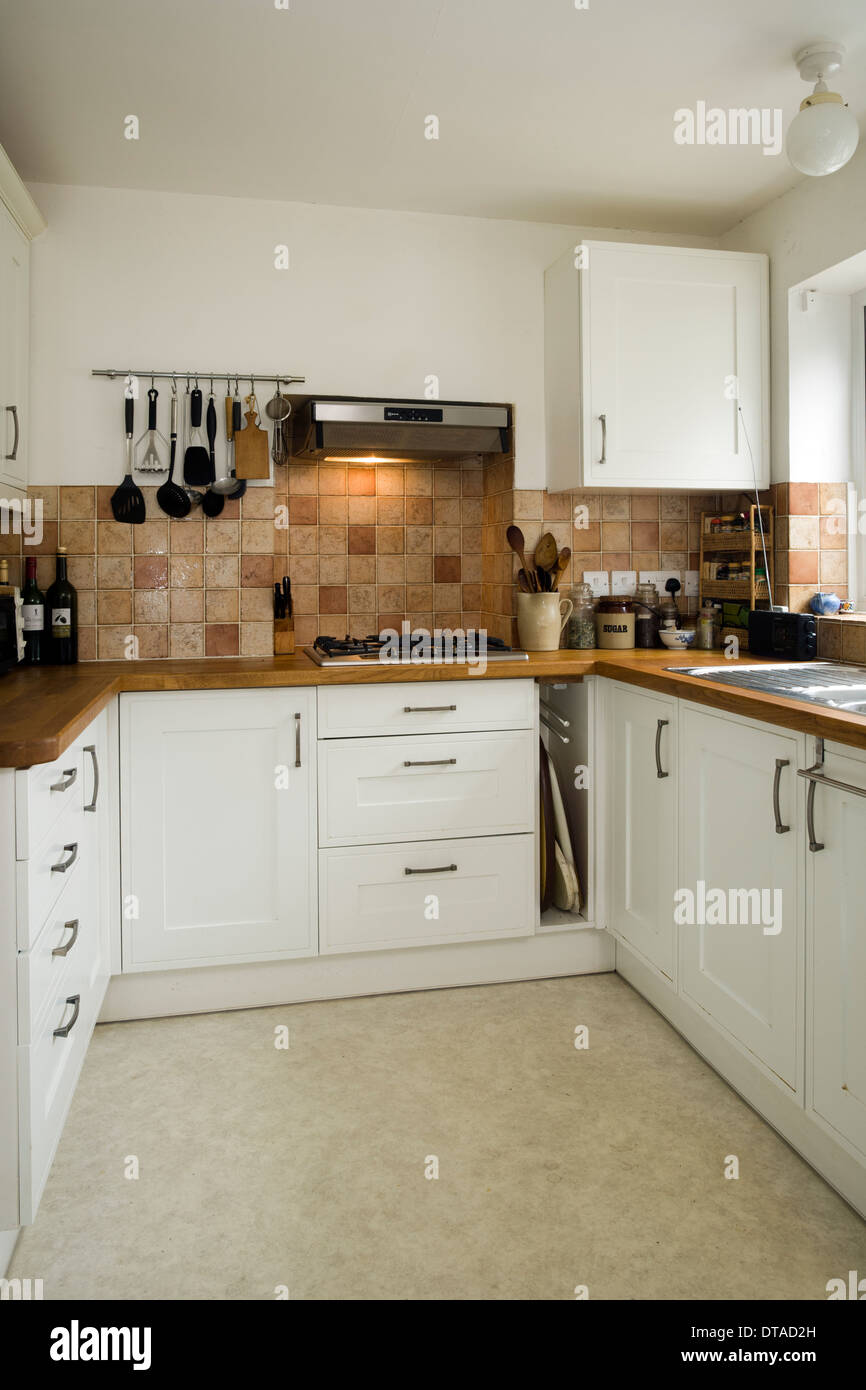 A small kitchen with stainless steel appliances, white cabinets, and a  natural light colored wood counter top Stock Photo - Alamy