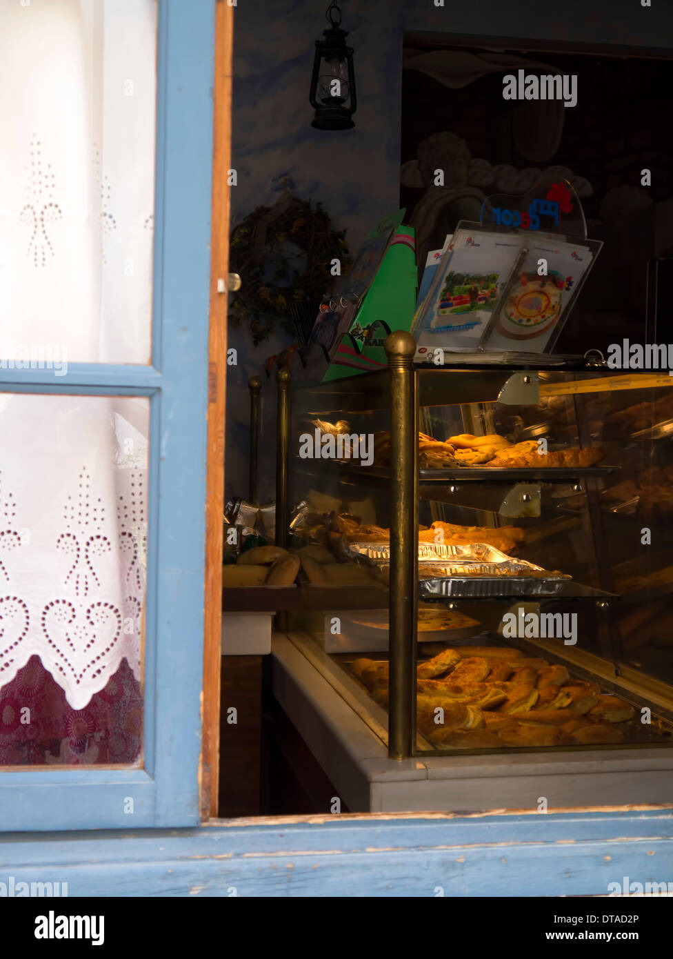 The window of an authentic Greek bakery on the Island of Ithaca Stock Photo