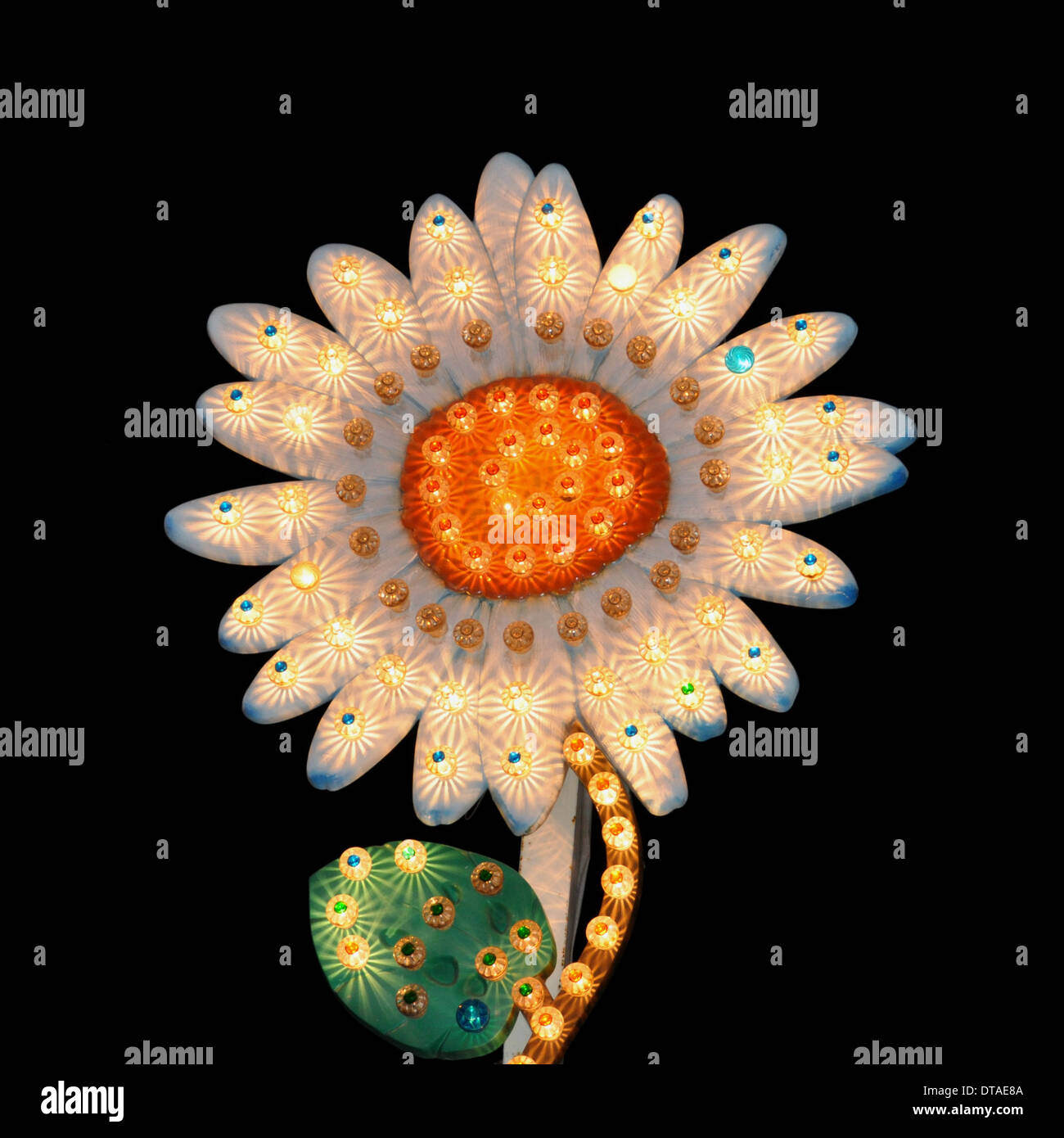 Sideshow daisy flower display with flashing lights at night. Stock Photo