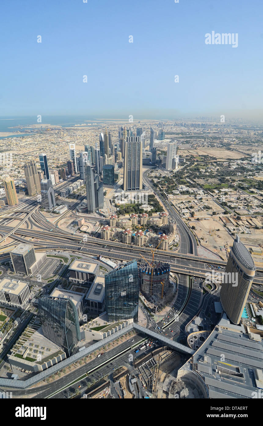 Looking north-east from the observation deck of the Burj Khalifa – the world's tallest building – in Dubai, UAE. Stock Photo