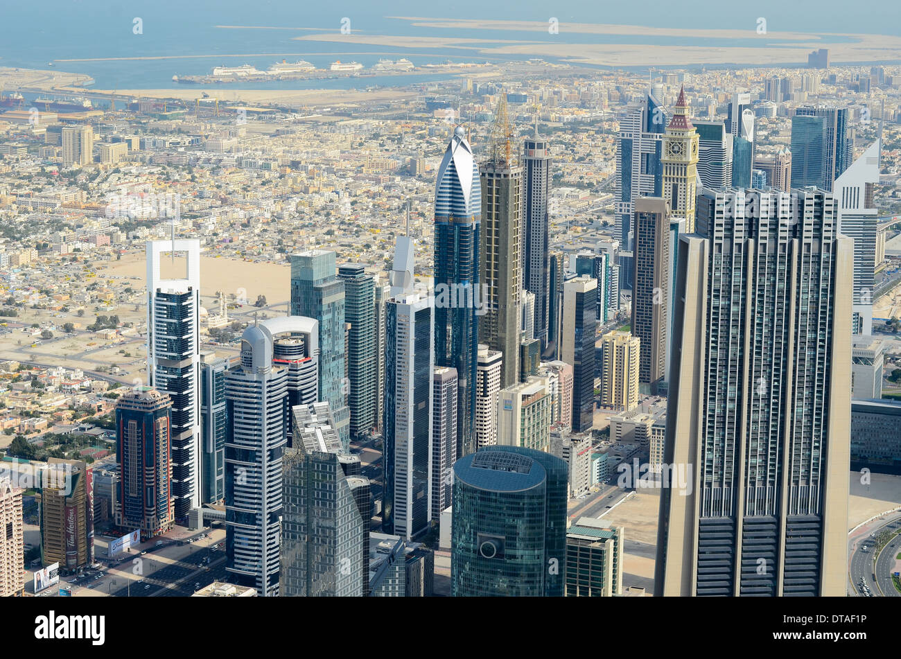 Looking north-east from the observation deck of the Burj Khalifa – the world's tallest building – in Dubai, UAE. Stock Photo