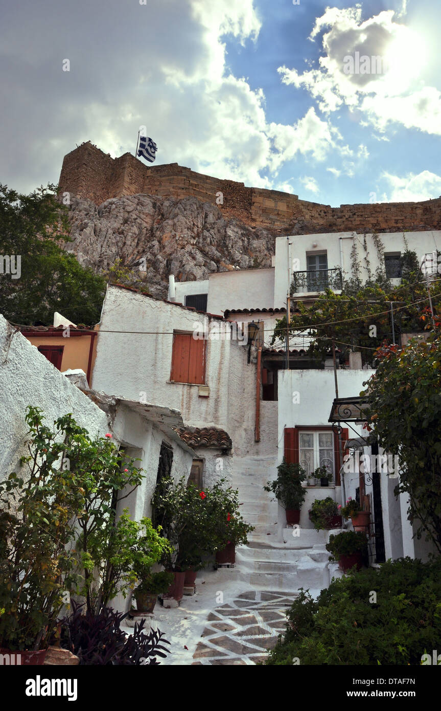 Small houses in the traditional Anafiotika neighborhood under the Acropolis, Athens, Greece. Stock Photo