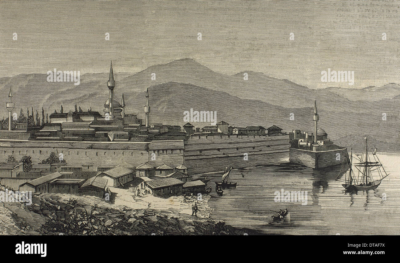 Albania. 19th century. Yanina. Panorama. Engraving by Rico. The Spanish and American Illustration, 1880. Stock Photo