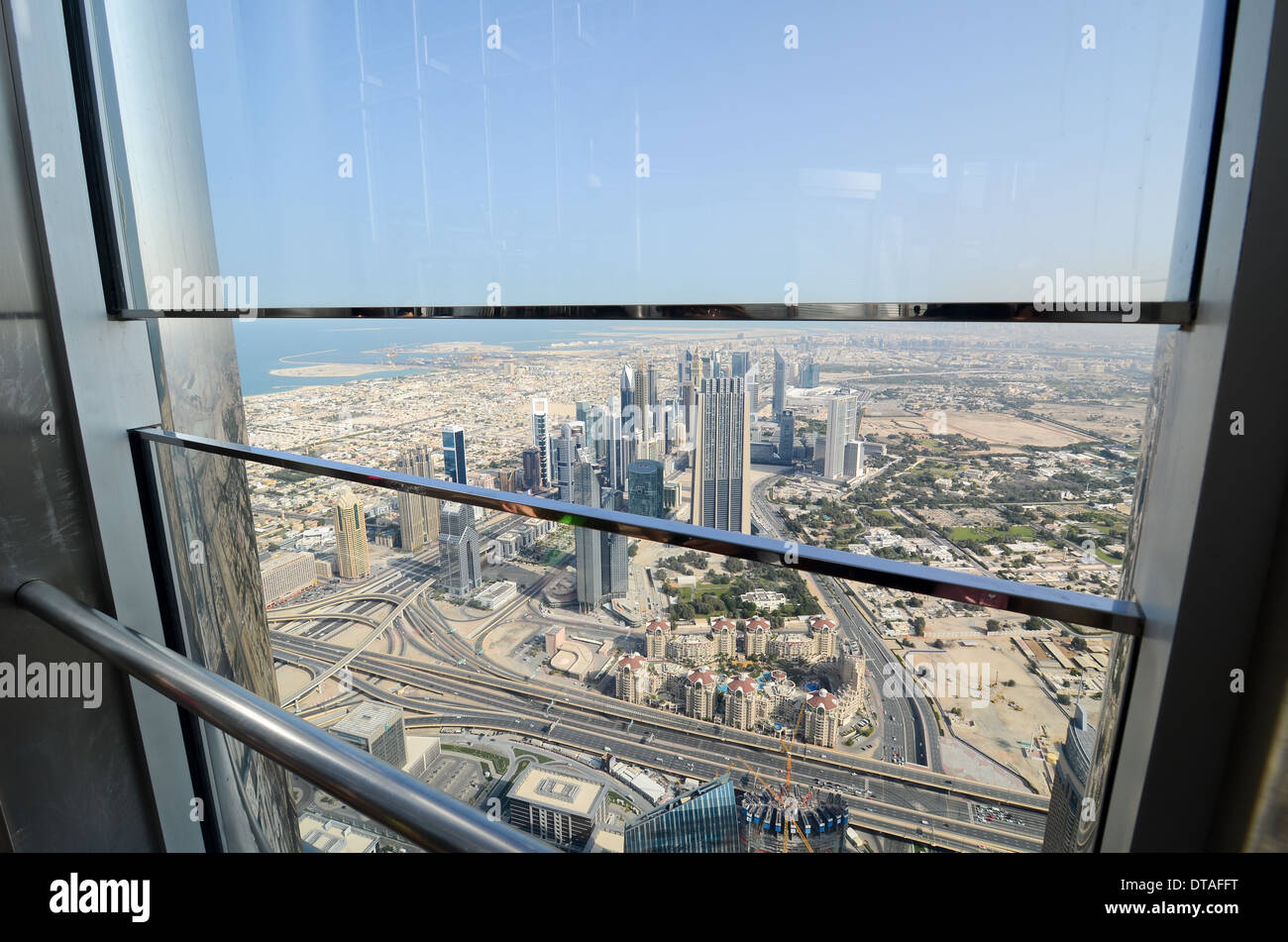 Looking north-east from the observation deck of the Burj Khalifa – the world's tallest building – in Dubai, UAE. Stock Photo