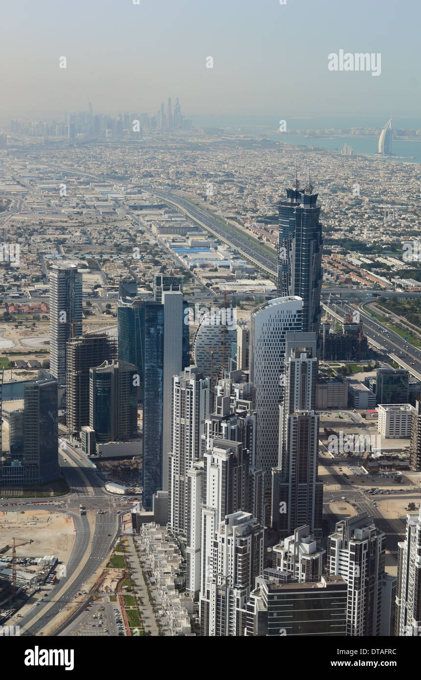 Looking south-west across Dubai from the top of the Burj Khalifa, the world's tallest building. Stock Photo