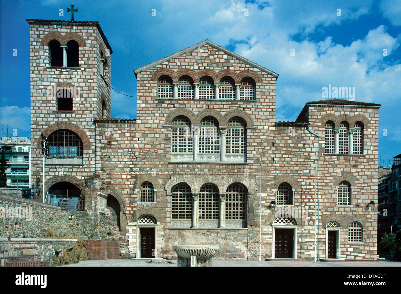 Byzantine Windows, Window Pattern & Facade of the Byzantine Church of Saint Demetrios or Demetrius (629-634AD) Thessaloniki Greece Stock Photo