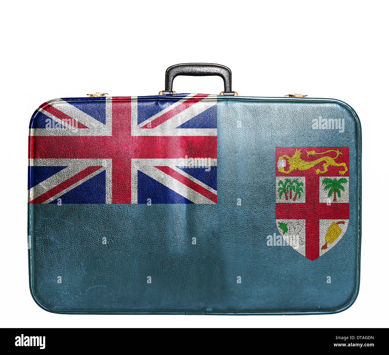 Vintage travel bag with flag of Fiji Stock Photo