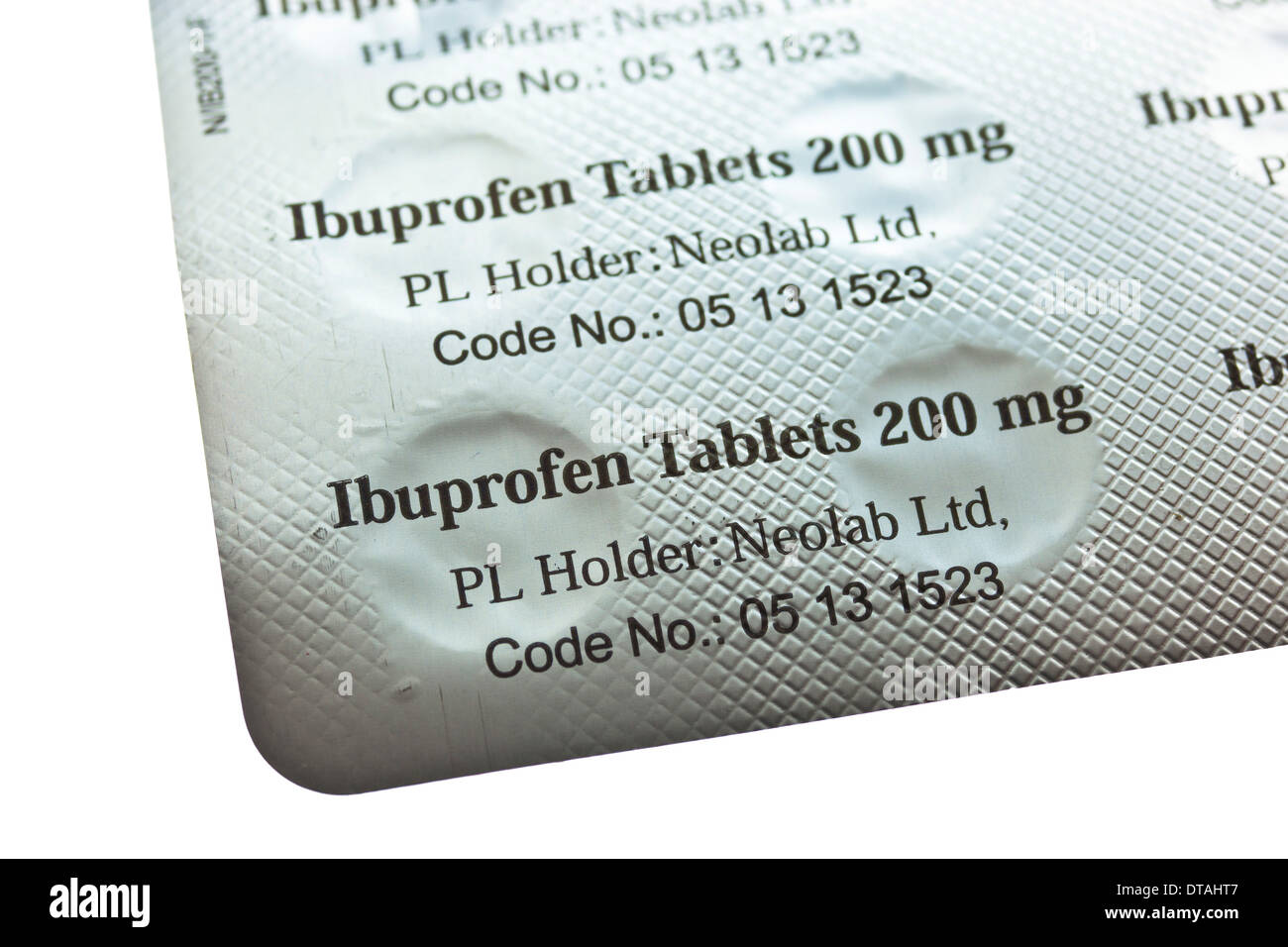 Blister pack of ibuprofen 200mg tablets on a white background Stock Photo