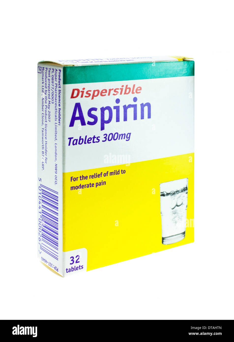 Box of  32 dispersible soluble aspirin 300mg tablets on a white background Stock Photo
