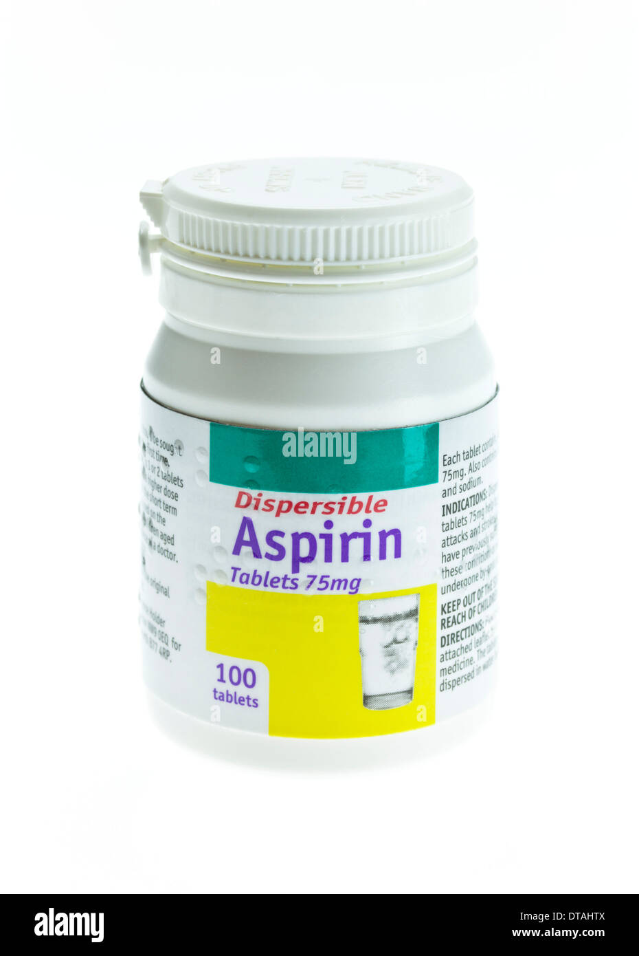 Bottle of dispersible aspirin 75mg tablets on a white background Stock Photo