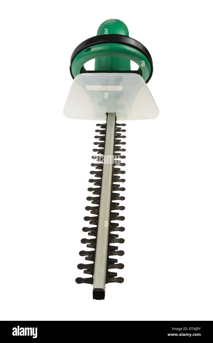 Used electrical hedge clippers with black blades and green engine case