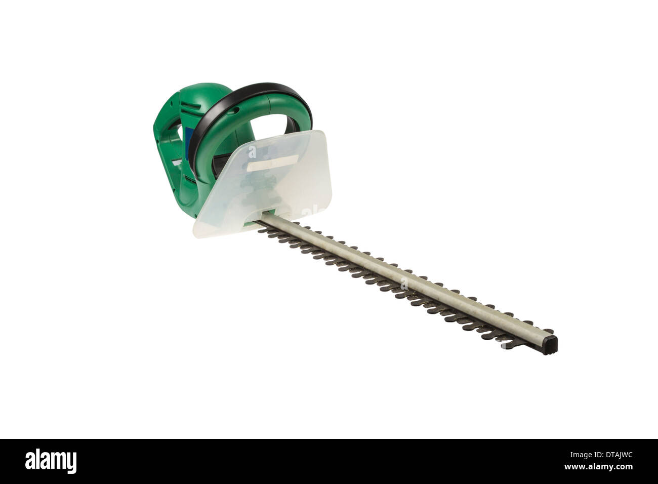 Used electrical hedge clippers with black blades and green engine case