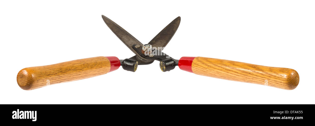 Used manual hedge clippers with black blades and wooden handles isolated on white background Stock Photo