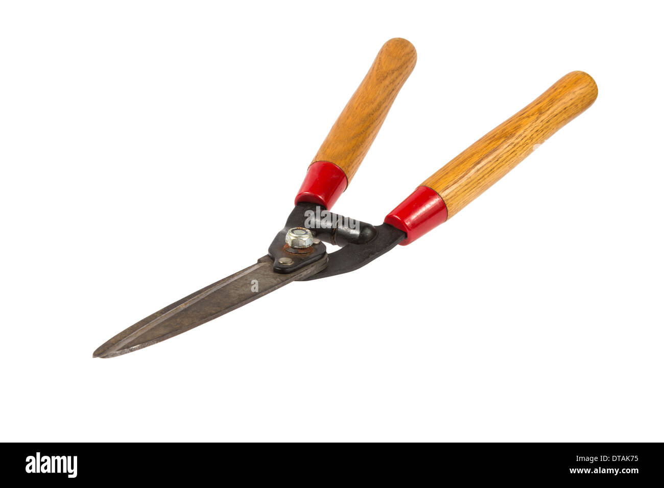 Used manual hedge clippers with black blades and wooden handles isolated on white background Stock Photo