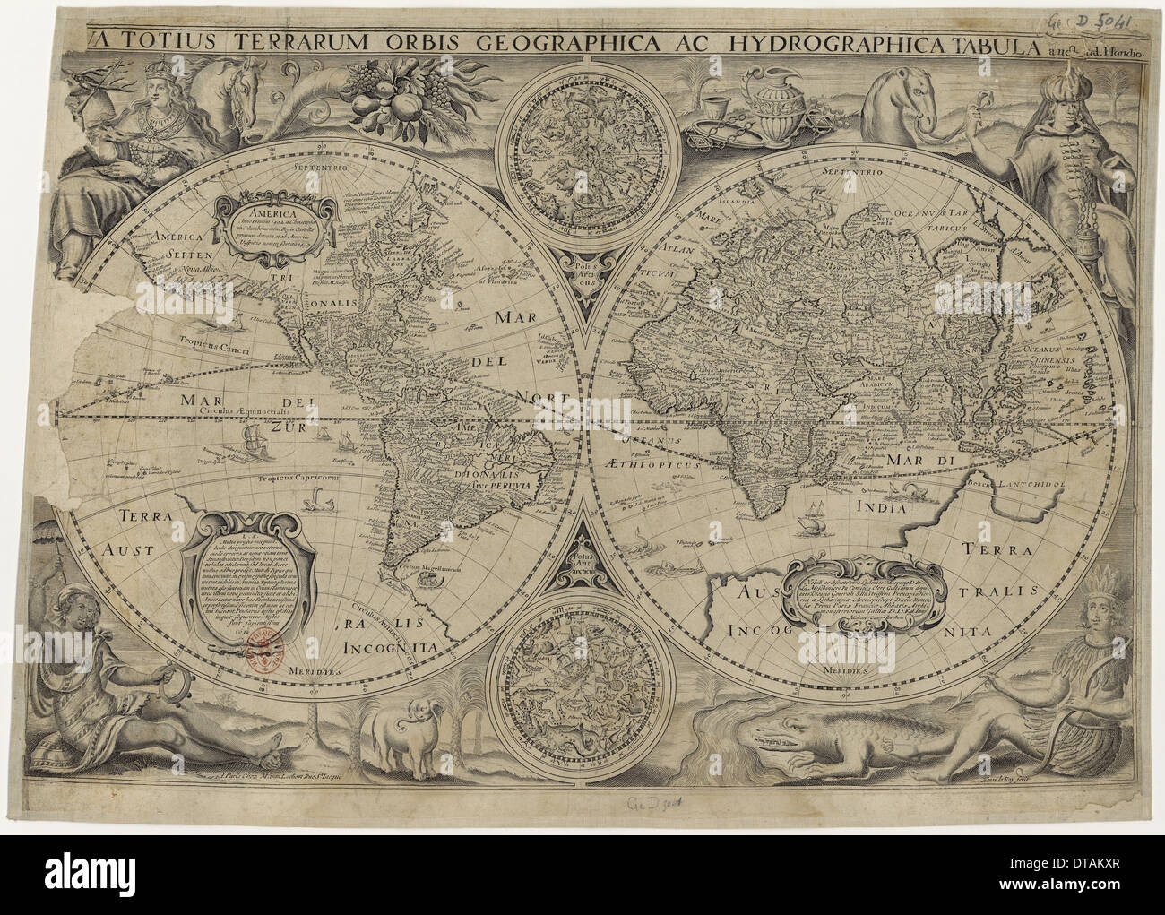 Nova totius terrarum orbis geographica ac hydrographica tabula (Map of the world), 1631. Artist: Hondius, Jodocus (1563-1612) Stock Photo