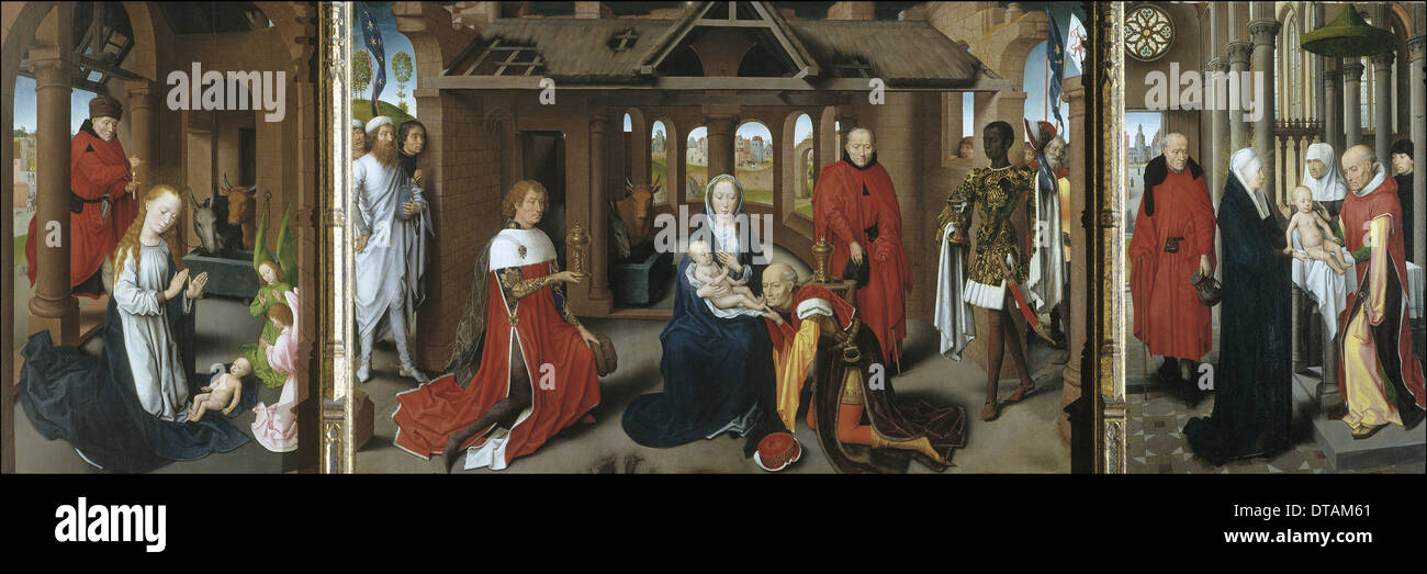 Nativity. The Adoration of the Magi. The Presentation of Jesus at the Temple, 1479-1480. Artist: Memling, Hans (1433/40-1494) Stock Photo