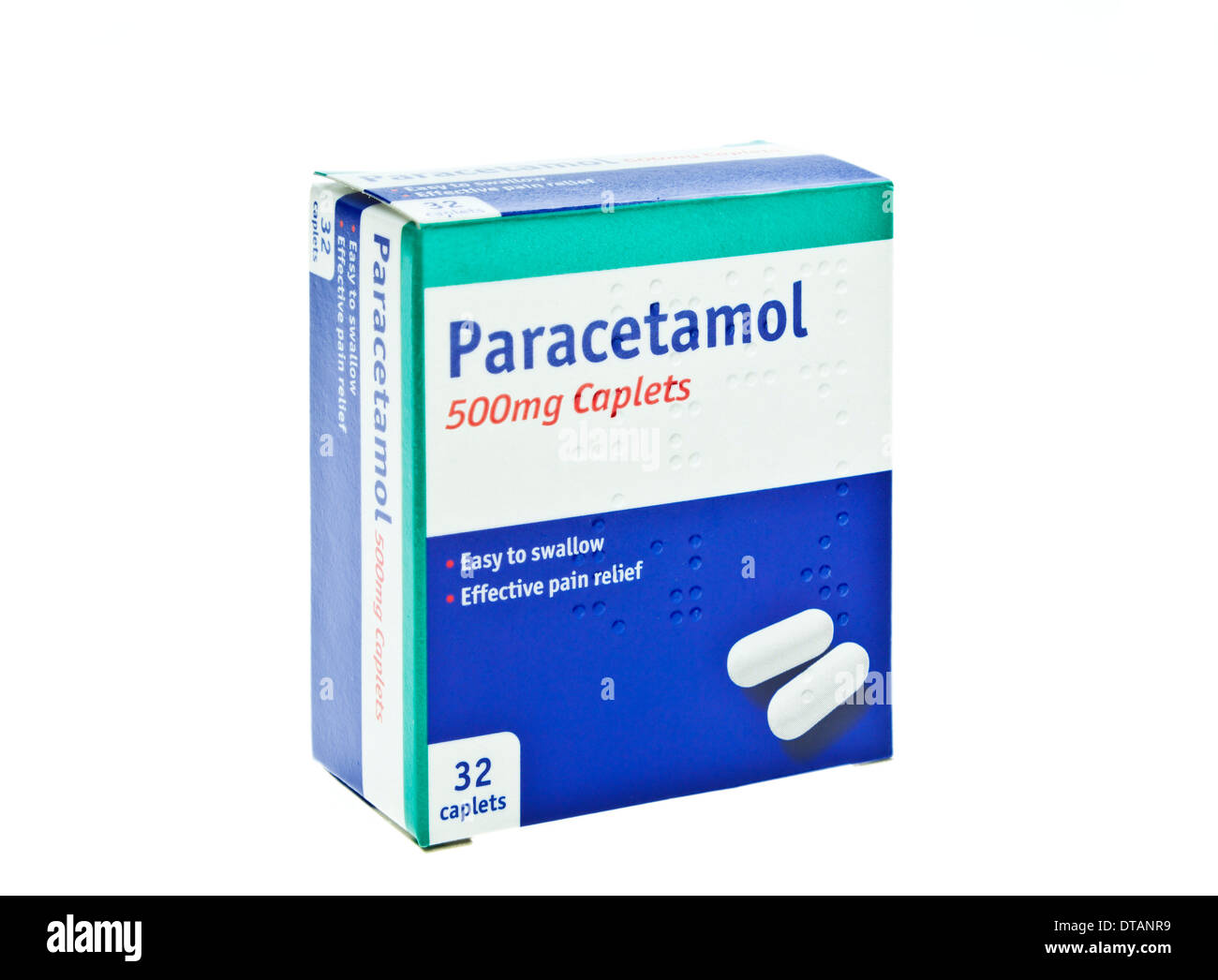 Box of 32 paracetamol tablets caplets on a white background Stock Photo