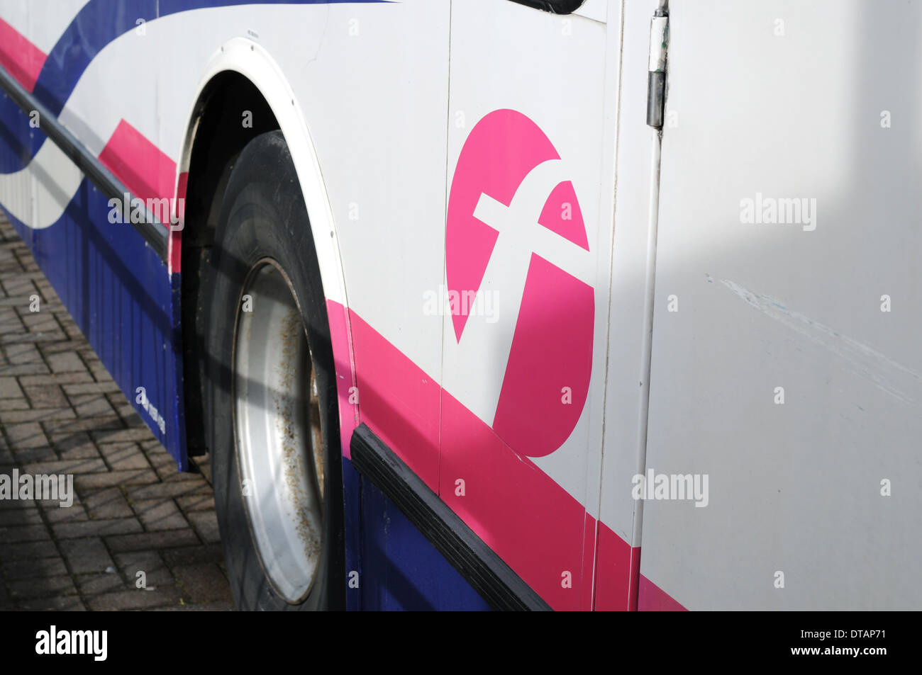 FIRST logo on a double decker bus in Truro, Cornwall Stock Photo