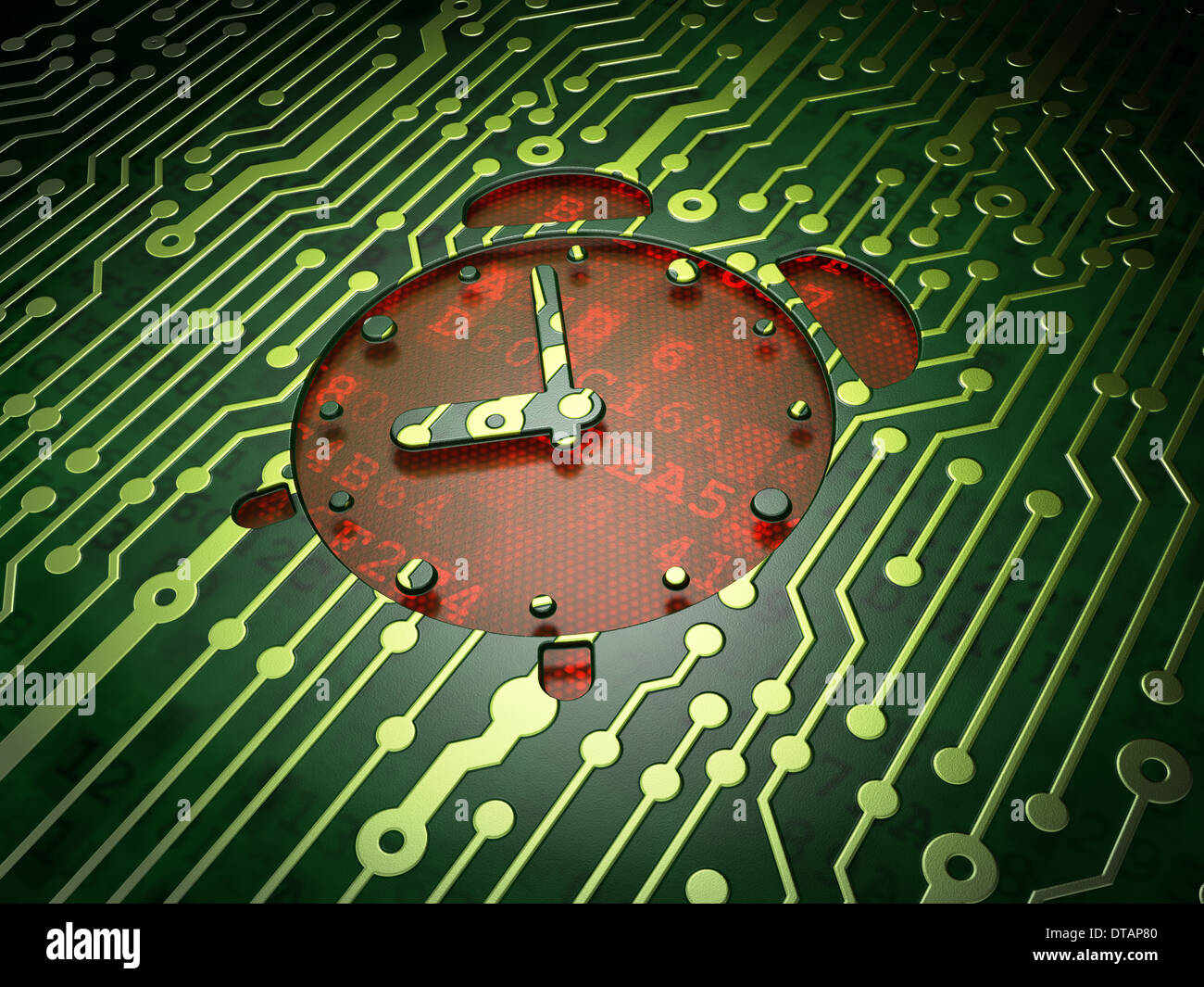 Timeline concept Alarm Clock on circuit board background Stock Photo