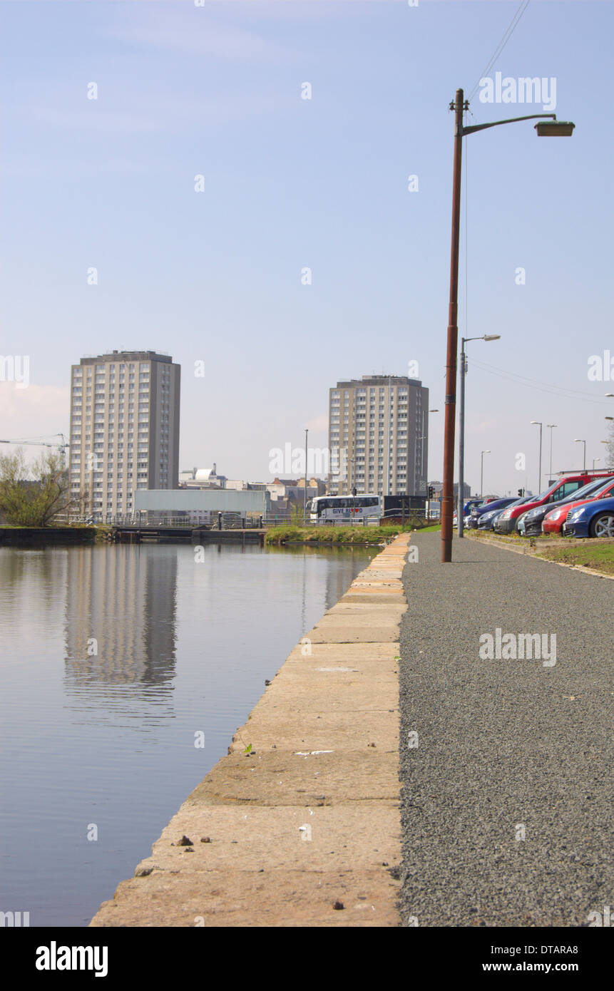 Canal at Port Dundas and high rise flats in Glasgow, Scotland Stock