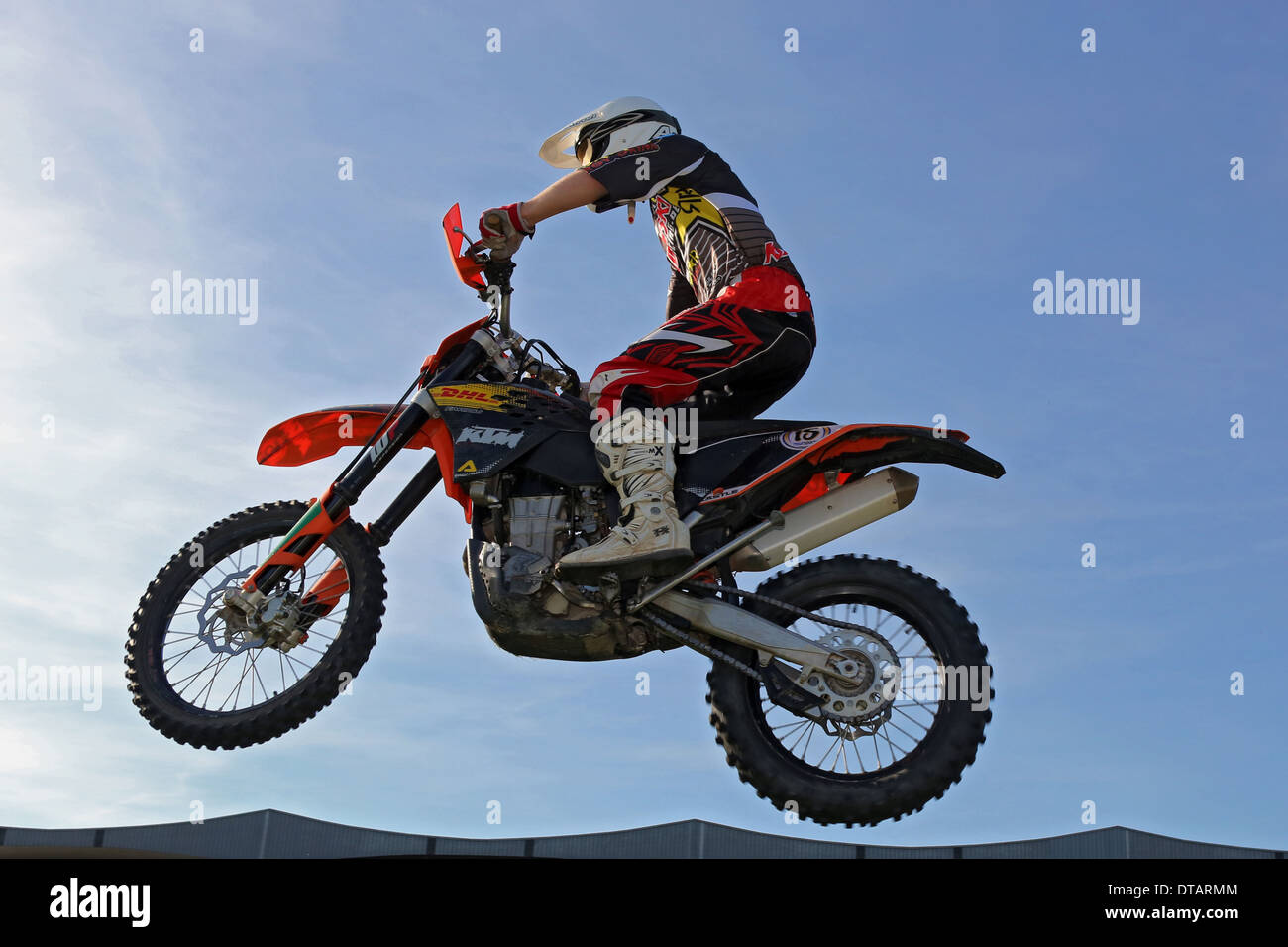Hannover, Germany, motocross rider flies through the air Stock Photo