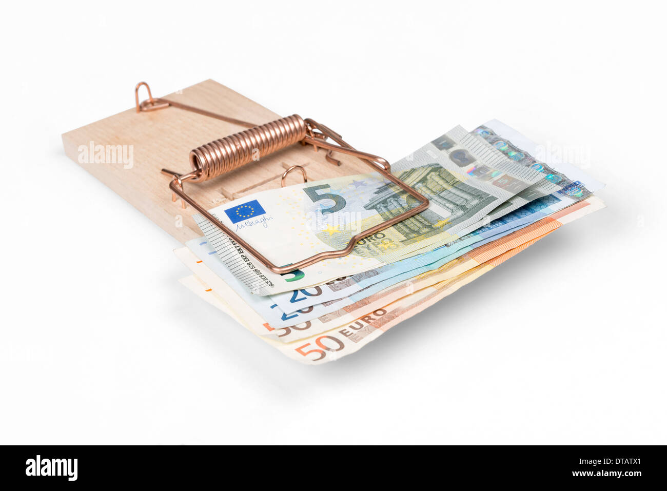 Mouse trap with Euro bills isolated over white with clipping path. Stock Photo