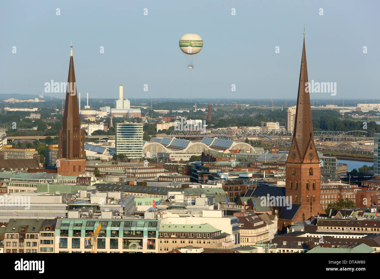 Hamburg, Germany, looking at the Jacob's Church (left) and St. Peter's Church Stock Photo