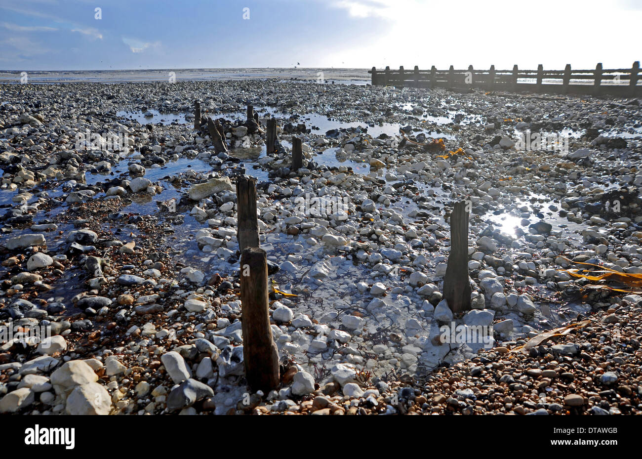 The recent storms and high tides have unearthed old World War 2 sea defences along the beaches at Ferring near Worthing UK Stock Photo