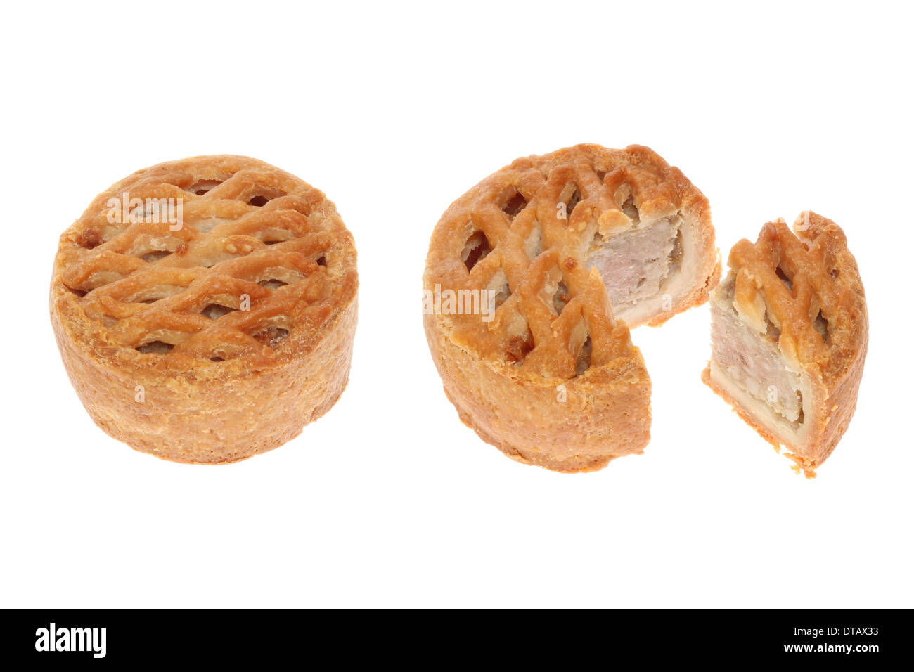 Whole and portioned lattice topped pork pie isolated against white Stock Photo